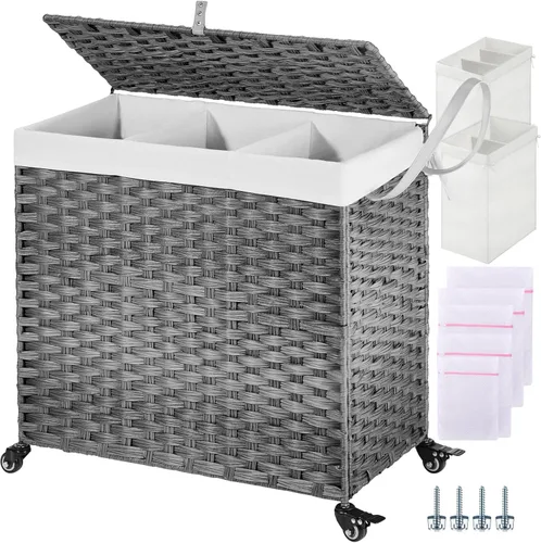 GREENSTELL Cesta para ropa sucia con ruedas y tapa, 130 L, cesta grande de 3 secciones con 2 tipos de bolsas de forro extraíbles, 5 bolsas de malla