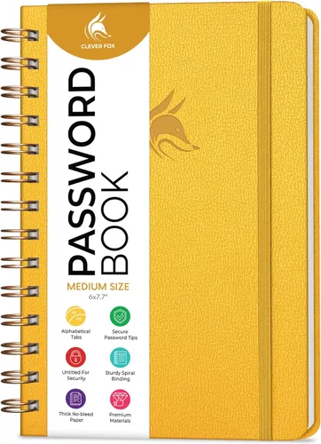 Clever Fox Libro de Contraseñas en Espiral – Organizador de Direcciones de Internet y Contraseñas con Pestañas Alfabéticas Laminadas – Diario