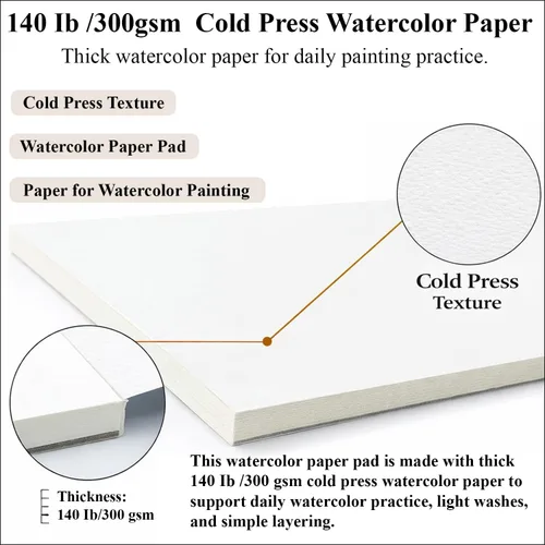 Miniatura 2 de Almohadilla de papel para acuarela, almohadilla de acuarela 9x12”, 300 g/m²/ 140 lb papel de acuarela, 16 hojas prensado en frío - Pintura, dibujo