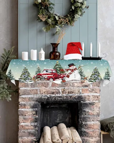 Miniatura 4 de Daleng Bufanda de repisa de camión de Navidad con muñeco de nieve para chimenea, 60 x 17 pulgadas, árbol de Navidad, copos de nieve, ciervos, verde