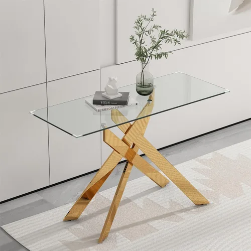 Miniatura 14 de Mesa de centro rectangular moderna de cristal, mesa central de vidrio templado y patas de metal chapado en oro para sala de estar, oficina en casa