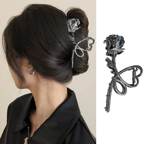 Miniatura 10 de Pinzas de metal grandes para el cabello con diseño de lazo negro y perlas blancas, pinzas antideslizantes para mujeres y niñas, agarre fuerte