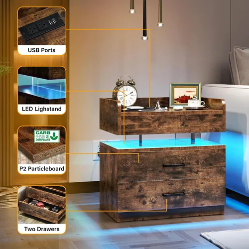 Miniatura 6 de TC-HOMENY Mesita de noche flotante de acrílico con modo activado por voz, mesita de noche LED con estación de carga, mesa auxiliar con 2 cajones