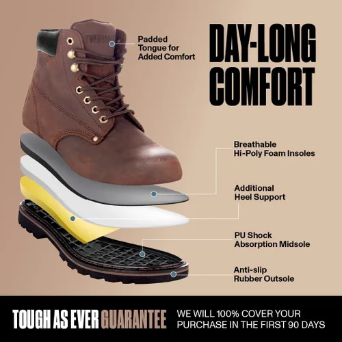 Miniatura 3 de Botas de trabajo para hombre con puntera suave, botas de cuero de 6 pulgadas para construcción, suela de goma, botas de trabajo para hombre, botas
