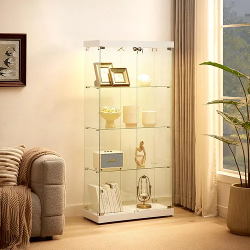Miniatura 8 de Vitrina de cristal con luces LED y cerradura, vitrina Curio de 4 niveles con puerta de cristal, estantería de pie para sala de estar, dormitorio