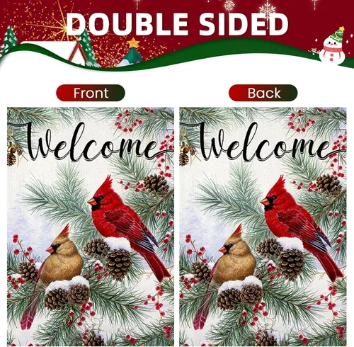 Miniatura 3 de Banderas de jardín de invierno de bienvenida para decoración exterior, bandera de patio pequeño con ramitas de pino cardenal, decoración de Navidad
