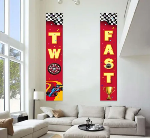 Miniatura 5 de Two Fast 2 RaceCar - Cartel de feliz 2º cumpleaños con texto en inglés "Happy 2nd Birthday", bandera de control de coche de carreras, decoración