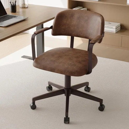 Miniatura 7 de BFZ Silla de escritorio retro de mediados de siglo para oficina en casa con respaldo, piel sintética, altura ajustable, giratoria, reposabrazos