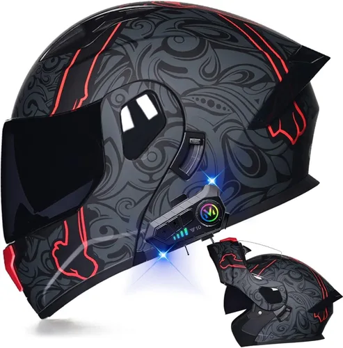 Miniatura 17 de Casco modular Bluetooth para motocicleta, aprobado por DOT, de cara completa, abatible, antivaho, doble visera, casco de motocicleta de calle, LENTE