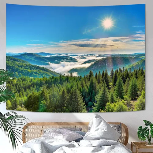 Zussun Tapiz de Bosque Natural de Montaña Tapiz Verde de Pino Luz Solar Selva para Dormitorio Estético Planta Paisaje de Montaña Tapices Pequeños