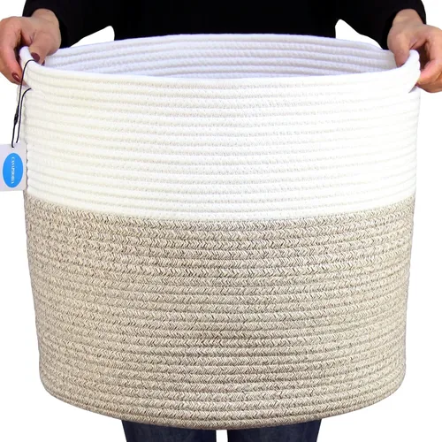 Miniatura 10 de Casaphoria Cesta de almacenamiento de cuerda de algodón para organizar, cesta redonda para mantas, sala de estar, cesta de lavandería tejida