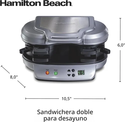 Miniatura 8 de Hamilton Beach Sandwichera doble para desayuno con temporizador, lista en 5 minutos, anillo para cocinar huevos antiadherente libre de PFAS, apto