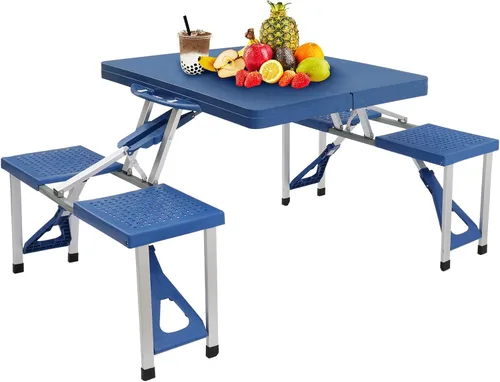 Mesa de picnic plegable portátil de 4 pies con asientos sillas y agujero para paraguas, ligera y compacta de aluminio al aire libre, camping, patio,