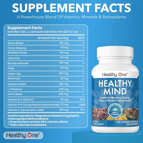Miniatura 2 de Suplemento para la memoria Healthy Mind, para una mente sana y enfoque mental, 60 cápsulas, para mejorar la memoria, el enfoque y la concentración