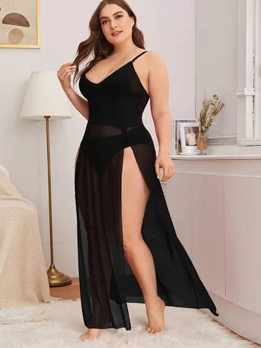 Miniatura 3 de SOLY HUX Vestido de lencería de malla larga dividida para mujer talla grande babydoll Negro