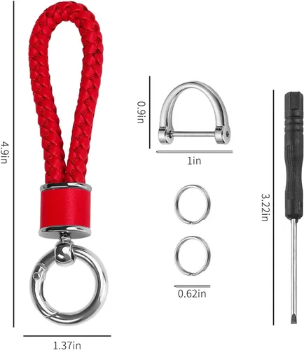Miniatura 5 de Tukellen Llavero de tejido de cuero para automóvil, llavero de regalo para mujer, con anillo en D giratorio de 360 grados y destornillador, Rojo