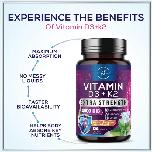 Miniatura 6 de Vitamina D con K2 (MK-7) – Vitamina D3 4000IU (125 mcg) por porción – Suplemento complejo D3K2 para huesos, dientes, músculos, absorción de calcio