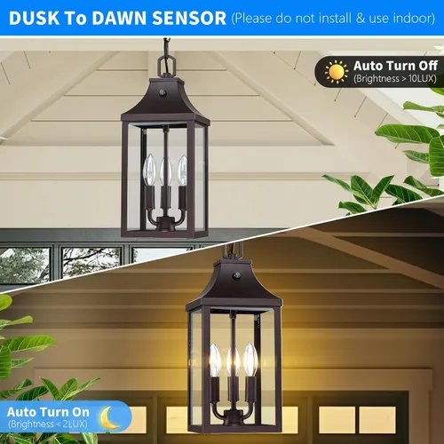 Miniatura 2 de Lámpara colgante grande de 15.5 pulgadas para exteriores, 3 luces, del atardecer al amanecer, lámpara colgante para exteriores, lámpara colgante