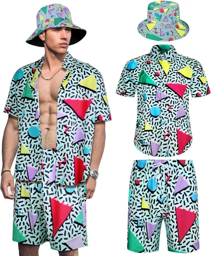 Conjunto de 2 piezas de camisa y pantalones cortos retro de los años 80 y 90 con sombrero, trajes de playa hawaianos para hombres, fiesta de