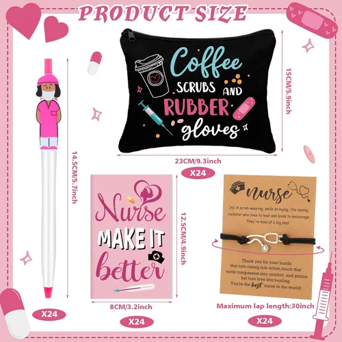 Miniatura 3 de Colarr Juego de 96 piezas de regalos de agradecimiento para enfermeras, 24 bolsas de maquillaje para mujeres, diario de bolsillo, bolígrafo