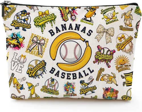 Bananas Baseball Makeup Bag for Women, Funny Savannah Cartoon Banana Ball Merch Cosmetic Bag Gifts for Daughter, Her, Mom, Nurse, Graduation or