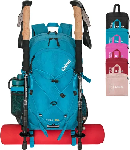 Miniatura 11 de Mochila de senderismo de 45 L con cubierta para lluvia, mochila de campamento plegable ligera para senderismo, resistente al agua con poste de Rojo
