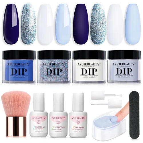 AZUREBEAUTY Kit de polvo de inmersión para uñas, color blanco y azul marino con purpurina, 4 colores, polvo de inmersión acrílico, juego líquido con