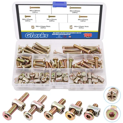 Glarks Juego de 100 tornillos de cabeza hexagonal chapados en zinc M6x15/20/25/30/1.378 in para muebles, tornillos y tuercas de barril, kit surtido