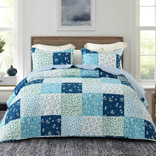 Miniatura 23 de Whale Flotilla Colcha de retazos tamaño individual, colcha floral bohemia extra suave para cama, reversible, ligero, juego de ropa de cama con 1 Azul