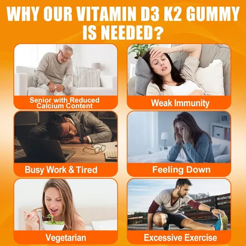 Miniatura 6 de Gomitas de vitamina D3 K2 para adultos – Vitamina D3 5000IU + K2 (MK-7) 120mcg – Suplementos D3 y K2 sin azúcar con omega-3, metilo B12, B9, B6