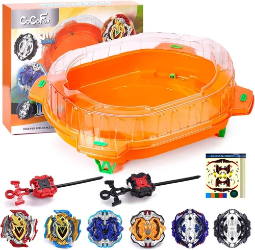 COCOFOX Juego de Juguetes Battling Top Burst, 6 Battling Tops, 2 Lanzadores y 1 Estadio, Juguetes para Niños y Niñas de 6 Años en Adelante (Naranja)