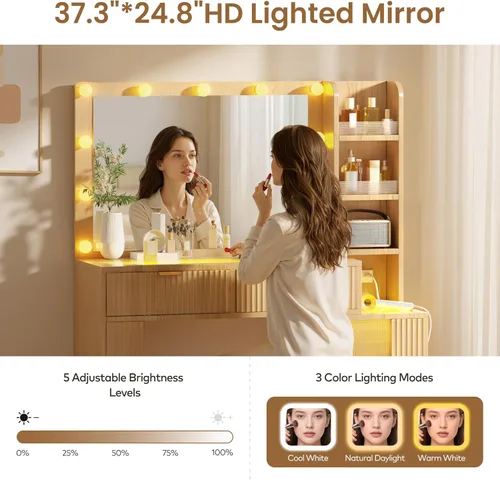 Miniatura 10 de Escritorio de maquillaje estriado de 47 pulgadas con espejo grande de 36 pulgadas y bombillas de Hollywood, luces RGB inteligentes, tocador