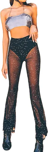 Anlaey Pantalones de baile de malla transparente para rave, con lentejuelas brillantes, acampanados, cintura alta, para festivales, clubes, trajes