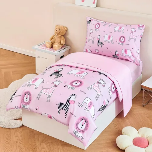 Miniatura 2 de URBONUR Juego de ropa de cama de 4 piezas para niños pequeños - Juego de edredón ultra suave con dibujos animados de animales del zoológico rosa