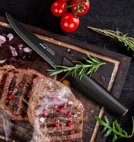 Miniatura 7 de Amorston Cuchillos para carne, juego de 8 cuchillos de carne de acero inoxidable, cuchillos dentados aptos para lavavajillas, color negro elegante