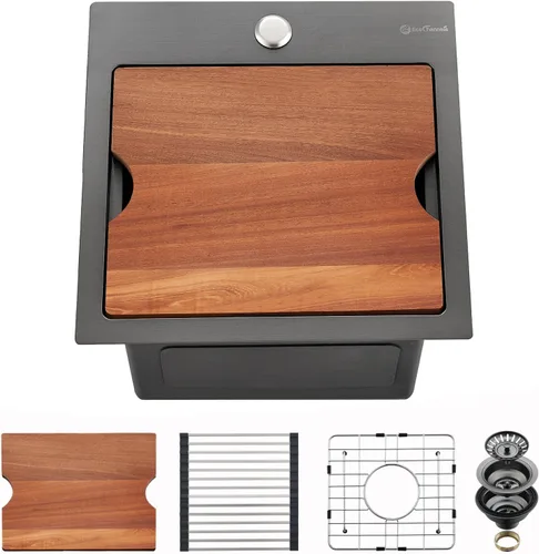 Miniatura 14 de Fregadero de cocina con plato individual con tabla de cortar, 30 x 22 x 10 pulgadas, color negro plomizo, acero inoxidable calibre 16 Negro