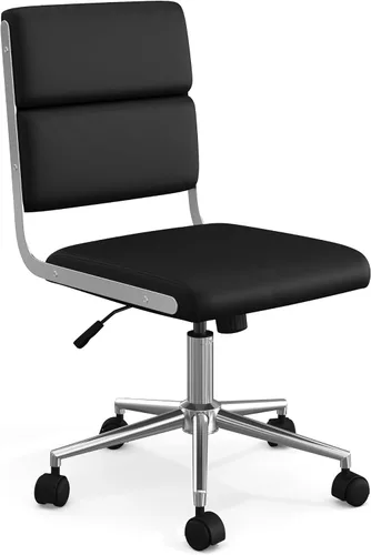 Martha Stewart Lulu - Silla giratoria con asiento ajustable en altura para oficina en casa en piel sintética negra con marco de níquel pulido