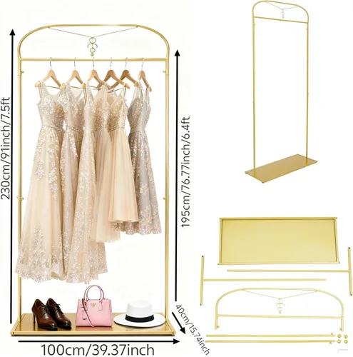 Miniatura 5 de 91" estante alto de la ropa del oro con los estantes, estante largo del vestido de la ejecución Estantes de ropa nupcial, organizador para tienda