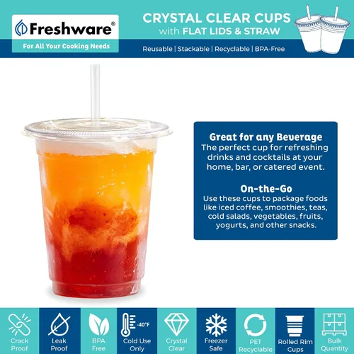 Miniatura 2 de Freshware Vasos de plástico desechables transparentes de 12 onzas con tapas planas y popotes, paquete de 100 vasos de plástico transparente, vasos