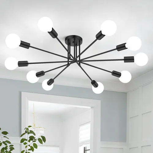Miniatura 14 de Bosceos Lámpara de techo semiempotrada, lámpara de techo Sputnik moderna de 4 luces negras y doradas, lámpara de techo industrial para cocina