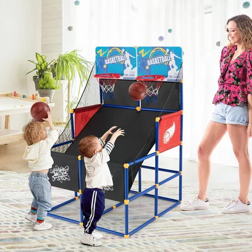 Miniatura 9 de Goplus Juego de baloncesto para niños, juego de baloncesto de doble disparo para 2 jugadores con 4 bolas y bomba de inflado, juego deportivo