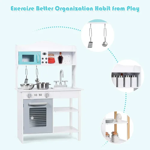Miniatura 5 de Costzon Juego de cocina para niños, cocina de madera con fregadero, horno, microondas, estufa, ollas, utensilios, juego de cocina con estante, Blanco