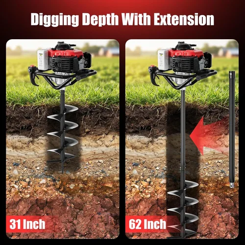 Miniatura 5 de Baotree Excavadora de agujeros para postes, excavadora de agujeros de poste de barrena de 68 cc, excavadora de tierra a gas de 4 tiempos con 2