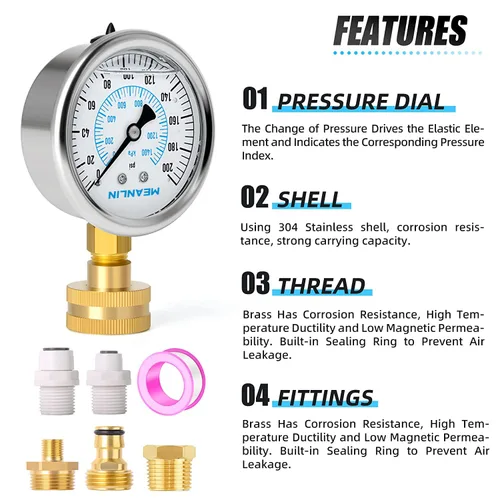 Miniatura 5 de MEANLIN MEASURE Manómetro de presión de 0~200 Psi con marco de acero inoxidable, rosca hembra de 3/4", relleno de líquido, kit con 5 adaptadores