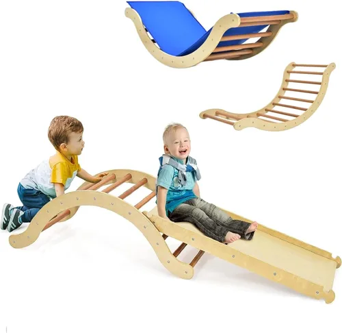 Costzon Juguetes de escalada para niños pequeños, estructura de escalera Montessori 3 en 1 de madera con rampa de escalada en roca/acolchado, juego