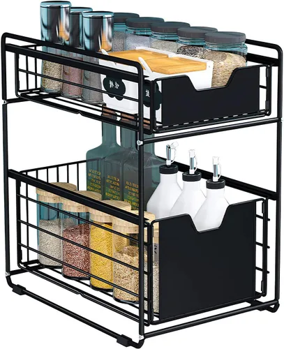 Cesta deslizante de 2 niveles para gabinete con cajón deslizante debajo del fregadero, estante de almacenamiento para encimera de cocina, despensa,