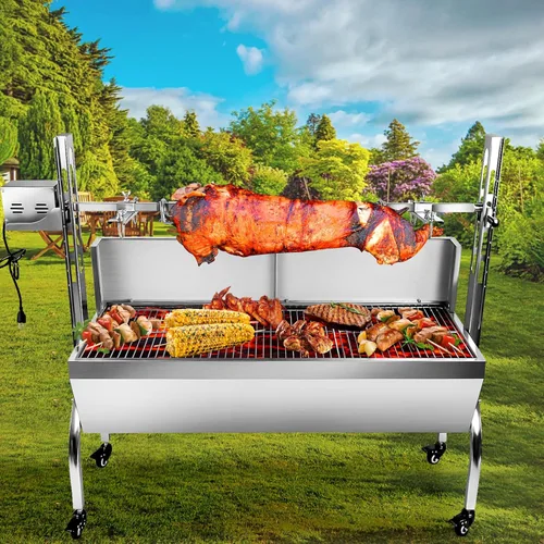 Parrilla eléctrica con espetón de 48.6 pulgadas, soporte para asar cerdo y cordero - Capacidad de 176 libras, altura ajustable, kit de parrilla de