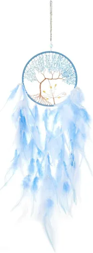 Miniatura 8 de Pretty Jolly Atrapasueños de árbol de la vida azul aguamarina, decoración de pared con piedra de cristal curativo, hecha a mano, plumas azules