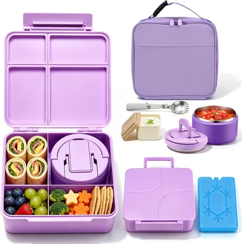 Miniatura 9 de Lonchera Bento con termo de sopa de 8 onzas, a prueba de fugas, 4 compartimentos, para niños, con taza de salsa y bolsa de hielo, tarro de comida