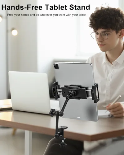 Miniatura 2 de Soporte de aluminio para tablet para soporte de escritorio, soporte de tableta [pequeño portátil] para cocina, clip de cama con abrazadera grande